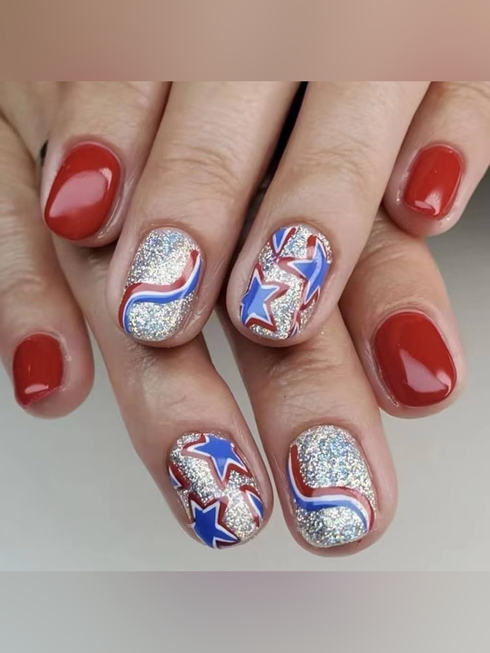 Patriotic Red, Blue & Silver Star Press On Fake Nails 24 Pcs